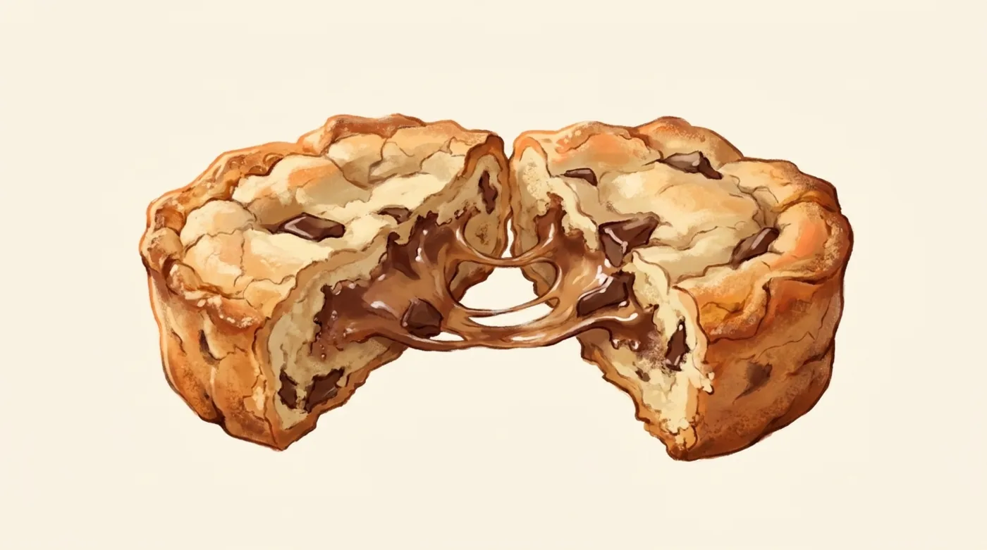 A thick cookie broken in half showing a crisp rim, a set ring and a soft molten centre with chocolate stretching between the halves