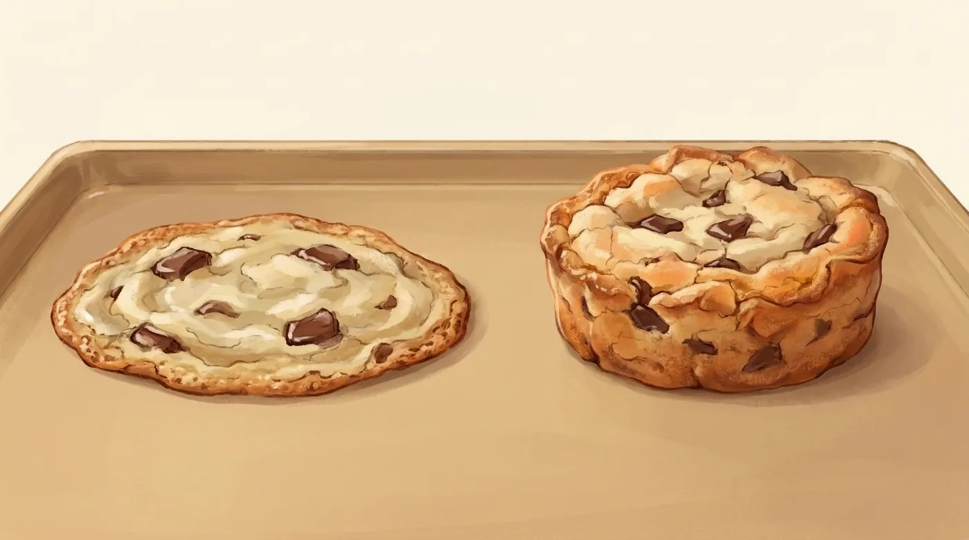 Two cookies from the same dough on one tray: the left one has spread into a thin flat disc, the right one has stayed tall and craggy