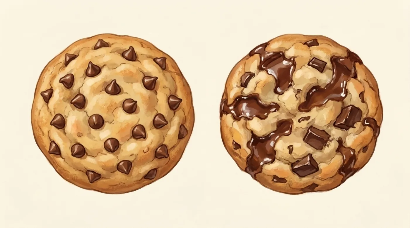 Two cookies from above: the left one has chocolate chips that kept their shape, the right one has chunks melted into dark glossy pools