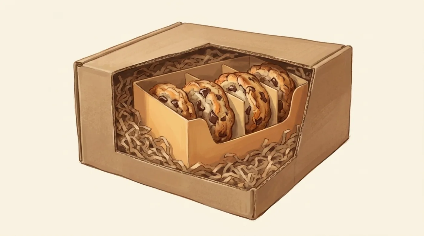 A parcel cut away: kraft outer box, paper void fill, a branded inner box, and cookies standing in separate compartments