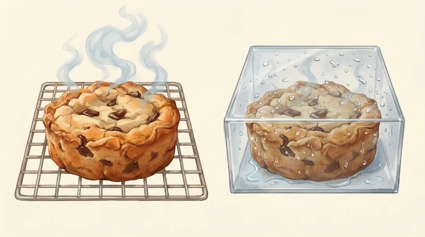 On the left a cookie cooling on a rack with steam escaping, on the right a warm cookie sealed in a box with condensation on the inside walls