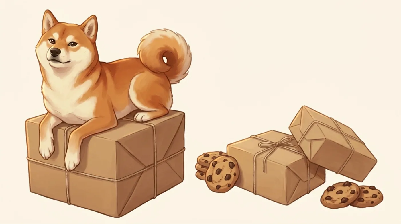 Kaiju lying on a stack of kraft parcels, with more parcels and cookies beside him